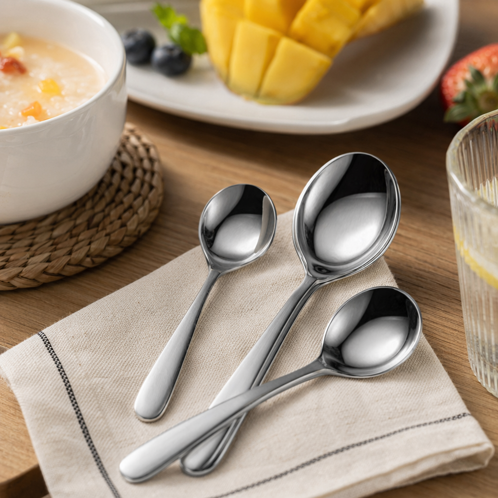 Silver stainless steel spoons, a simple household table spoon set details Picture