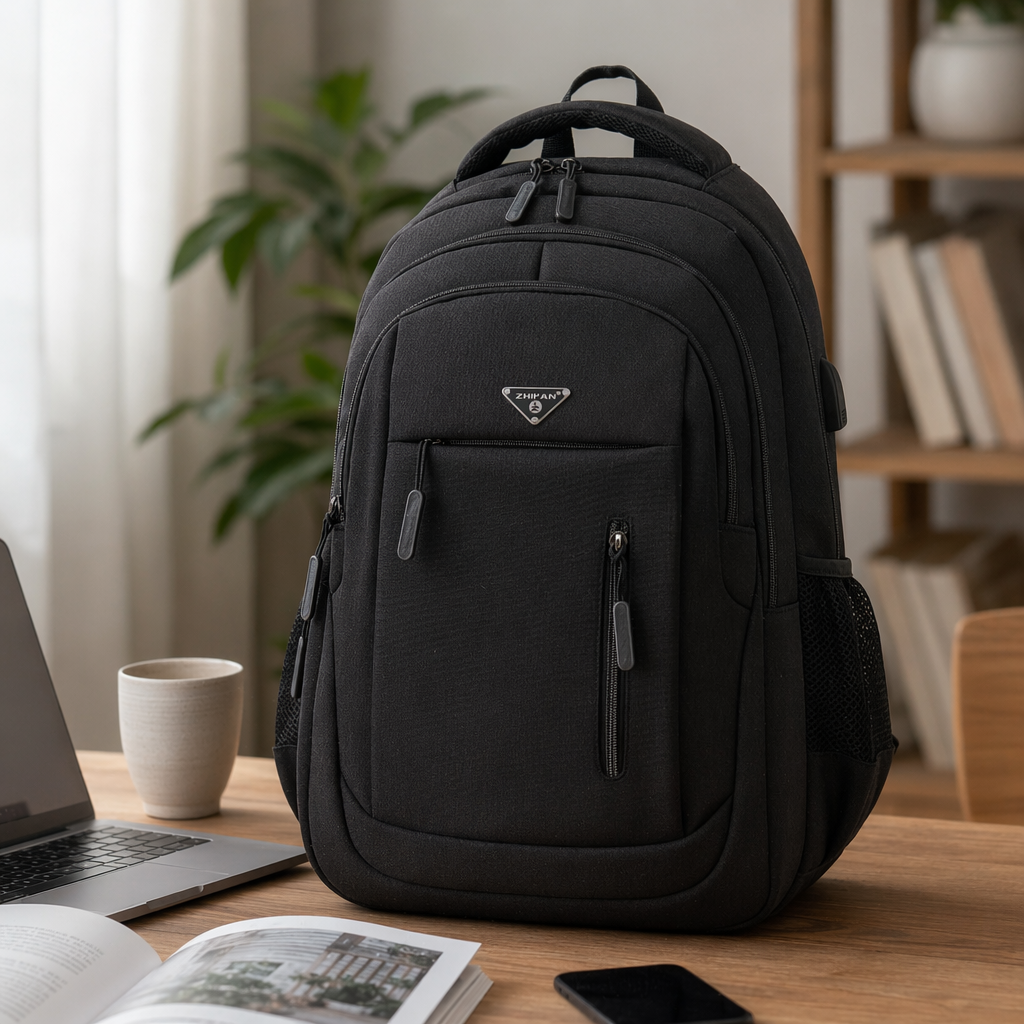 The black backpack is simple and versatile. It is convenient for students to commute, has a large capacity and is fashionable and casual details Picture