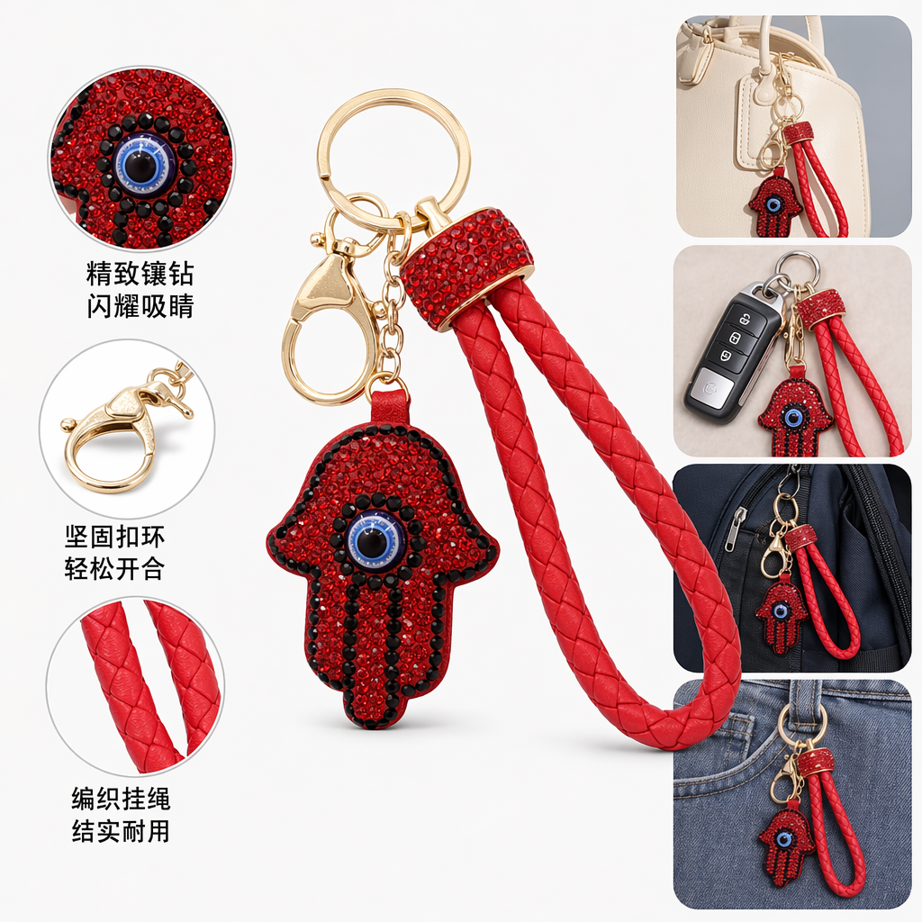 Red diamond-encrusted Fatima's Hand alloy keychain anti-theft car pendant gift box