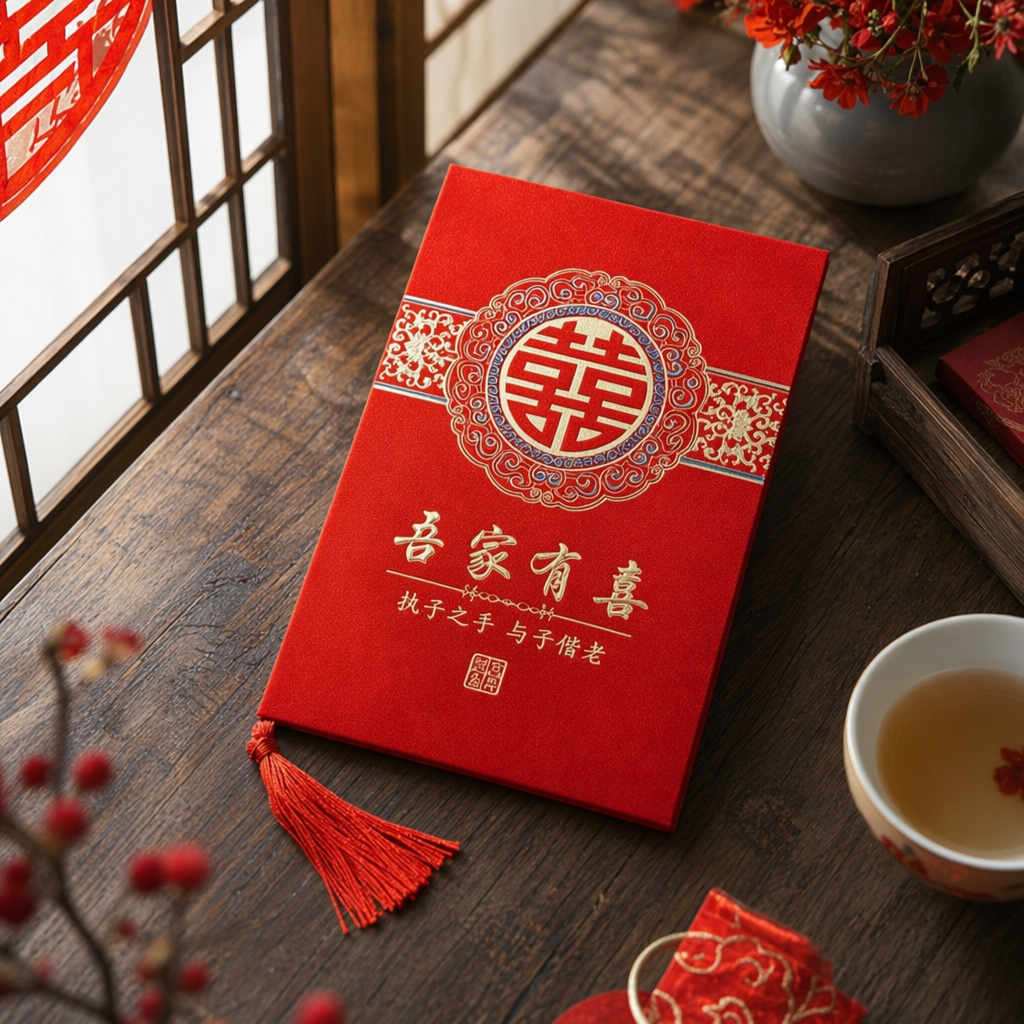 红色喜帖 传统中式婚礼请柬 红色烫金双喜字 婚庆邀请函产品图