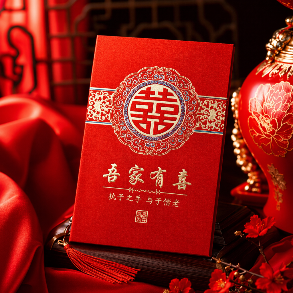 红色喜帖 传统中式婚礼请柬 红色烫金双喜字 婚庆邀请函细节图