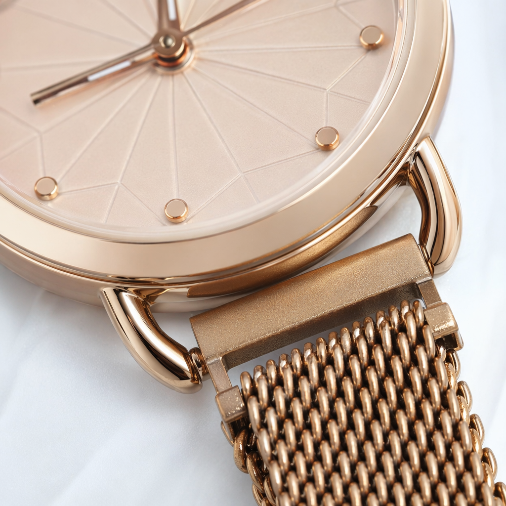 This golden strap watch is a fashionable, simple and light luxury ladies' wristwatch with a stainless steel bracelet and an automatic mechanical watch Application Scenario