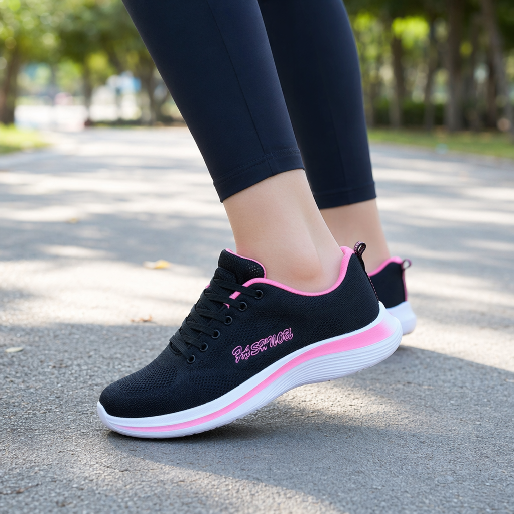 Black, grey, black and pink color sports shoes for both men and women, breathable and shock-absorbing running shoes details Picture