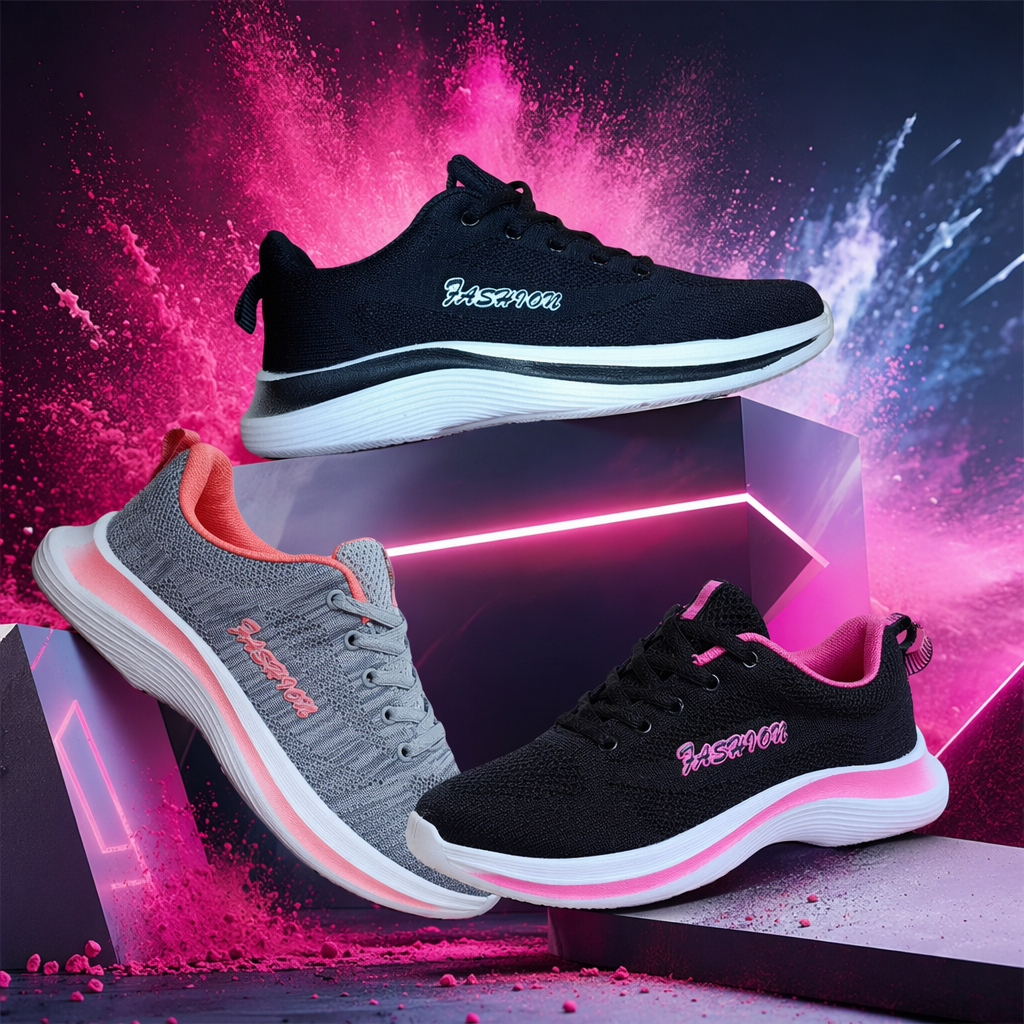 Black, grey, black and pink color sports shoes for both men and women, breathable and shock-absorbing running shoes Specification image