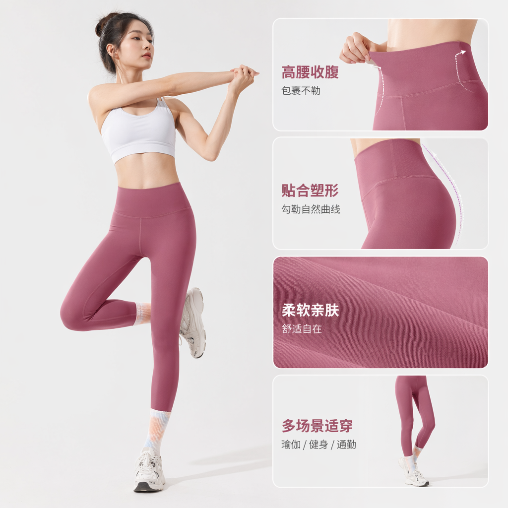 豆沙粉蜜桃臀高腰提臀瑜伽裤女运动紧身弹力显瘦