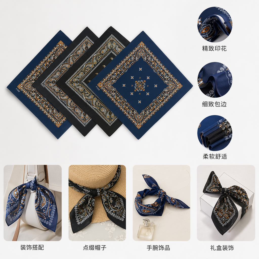 黑色深蓝底金色白橙花纹方巾