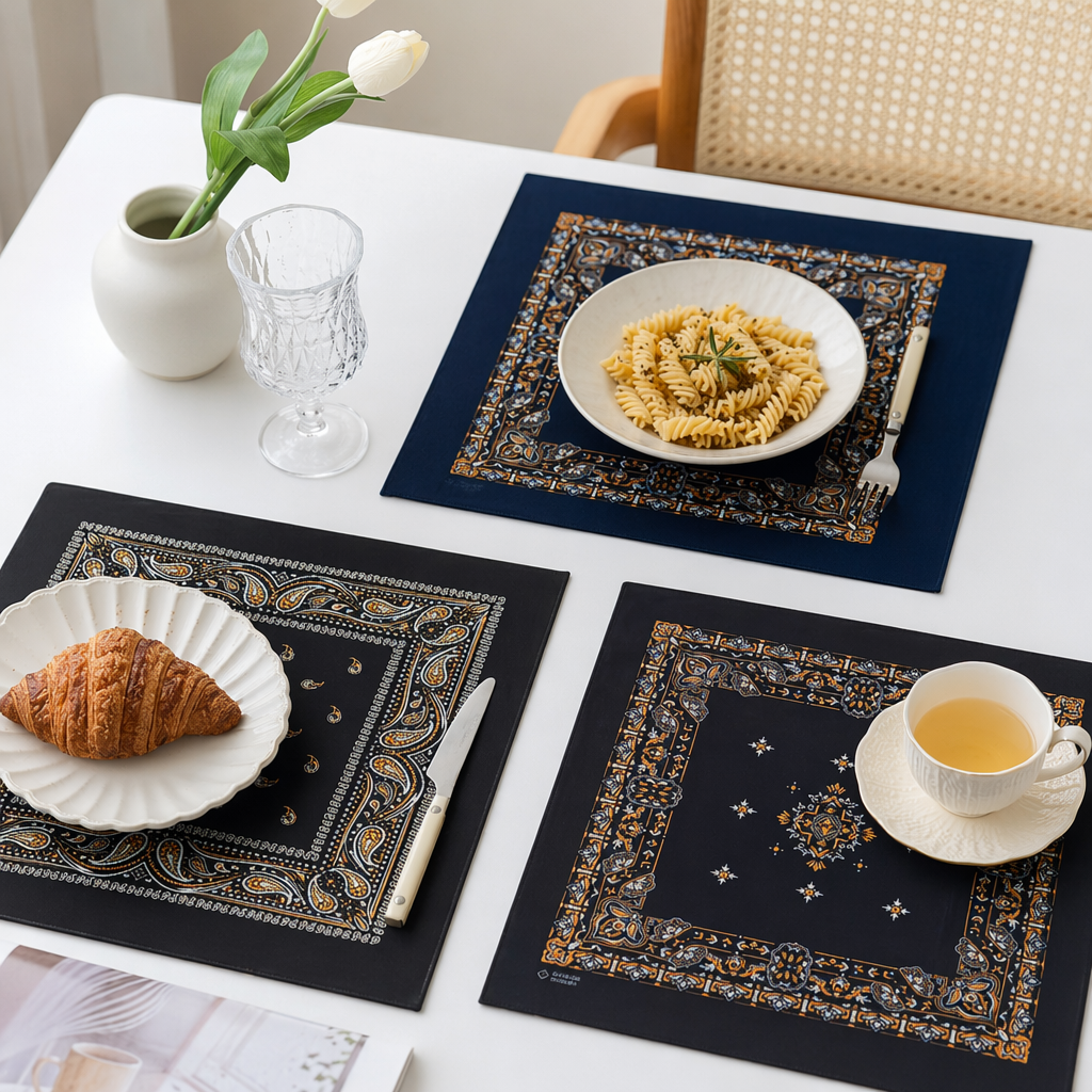 A black, dark blue background with golden, white and orange patterns square scarf details Picture