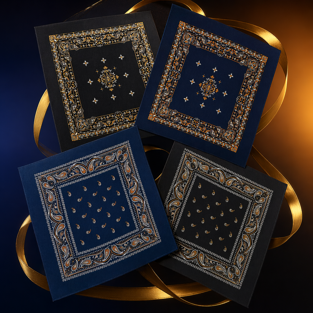 A black, dark blue background with golden, white and orange patterns square scarf Specification image