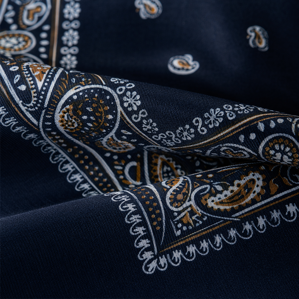 A black, dark blue background with golden, white and orange patterns square scarf Application Scenario