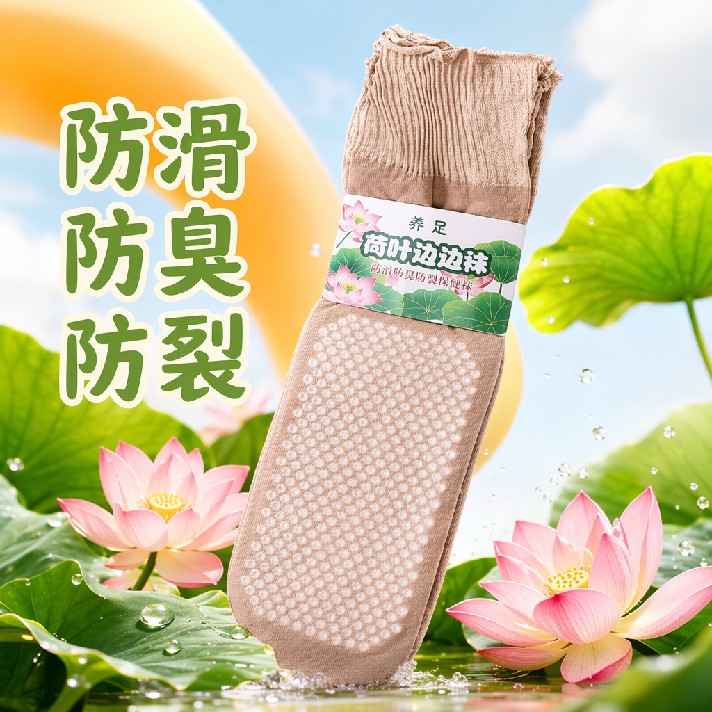 Beige massage socks with white raised dot texture on the sole, ribbed finish, lotus pattern, and full-foot lotus leaf edge socks Specification image