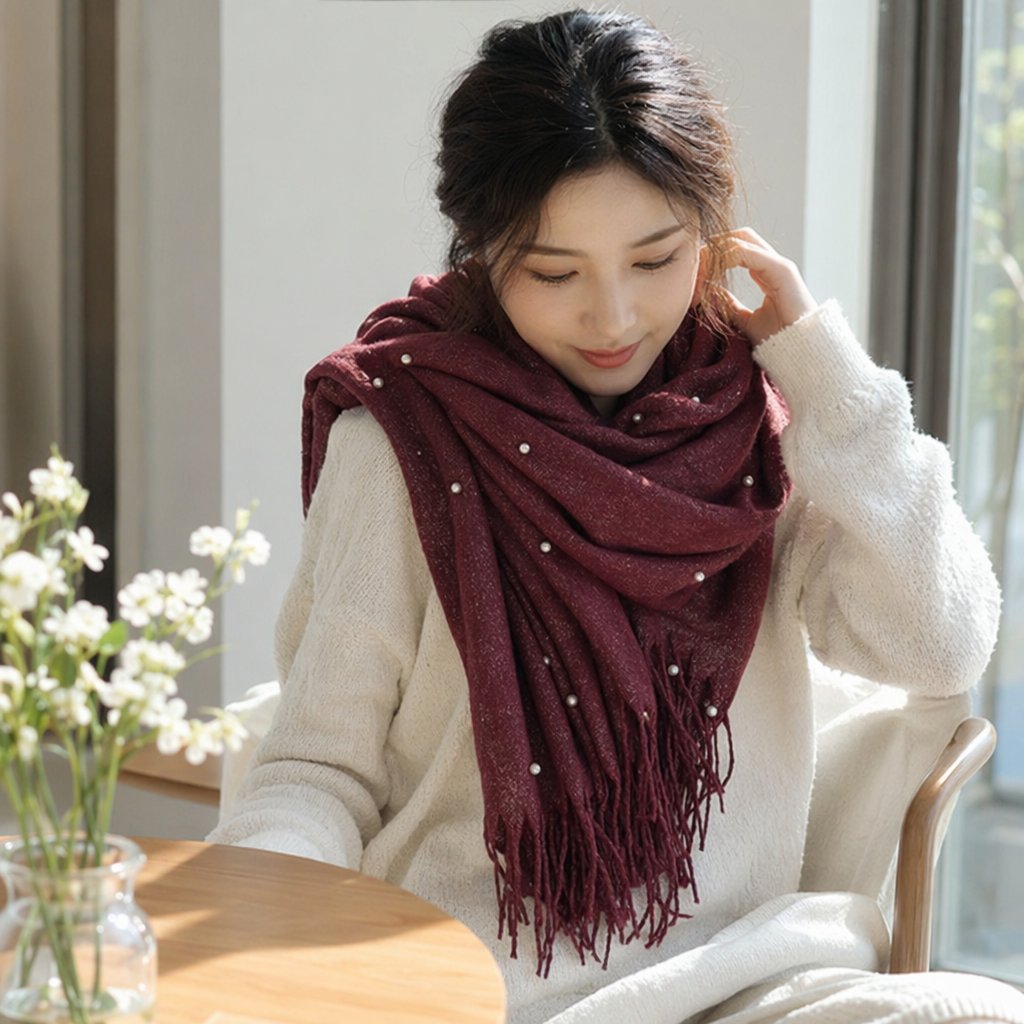 A wine-red pearl tassel scarf is a warm and fashionable accessory for women in autumn and winter details Picture