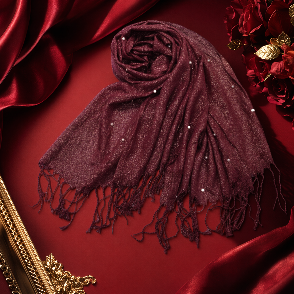 A wine-red pearl tassel scarf is a warm and fashionable accessory for women in autumn and winter Specification image
