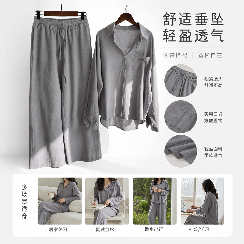 A casual commuting two-piece set of grey shirt with wide-leg pants