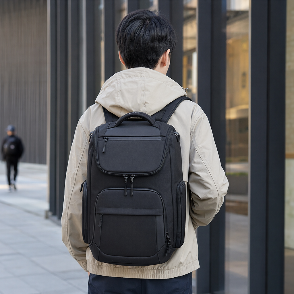 Black backpack with durable nylon for commuting and business in a simple style details Picture