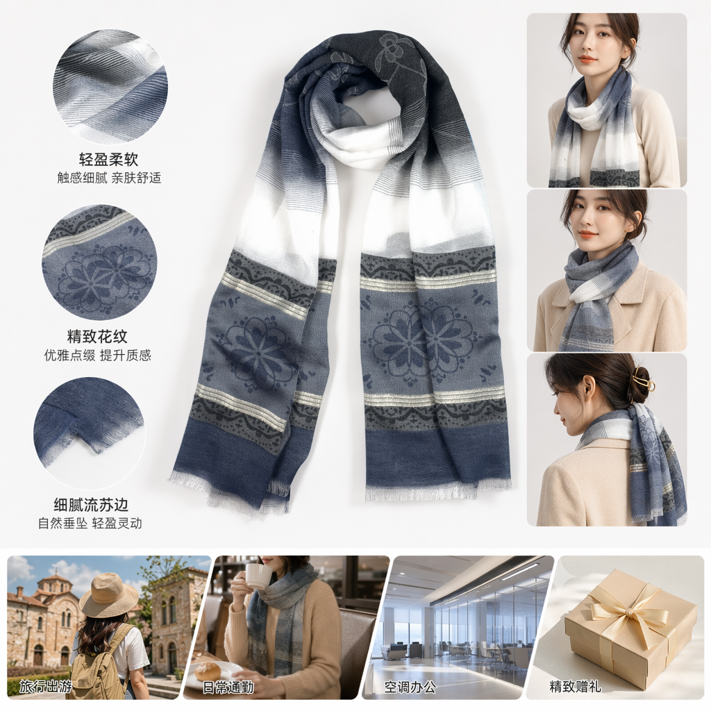 灰蓝渐变花卉印花围巾女士秋冬保暖长款