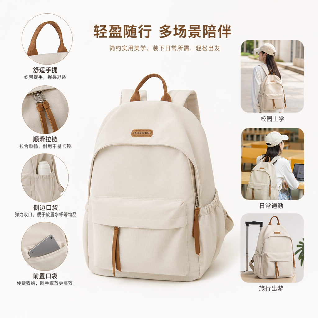 Beige cowhide texture backpack, waterproof and wear-resistant, daily commuting backpack for students