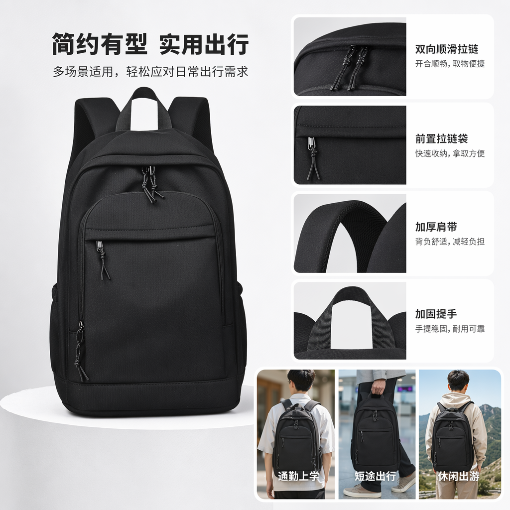 Black backpack, large-capacity, lightweight student commuting travel backpack