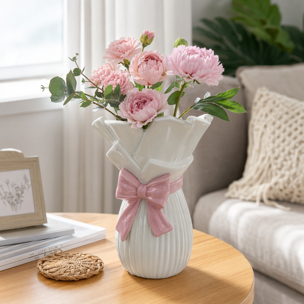 A white ceramic vase decorated with a pink bow details Picture
