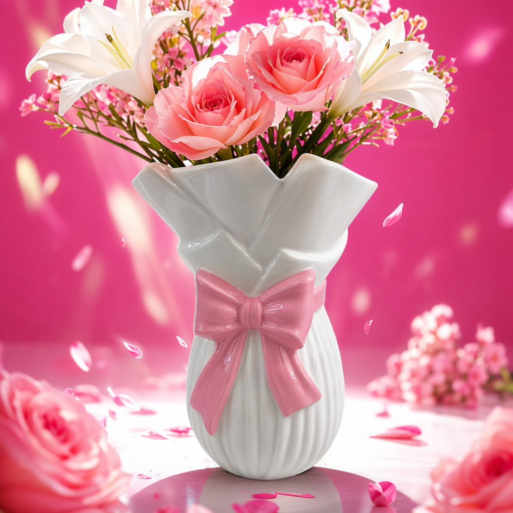 A white ceramic vase decorated with a pink bow Specification image
