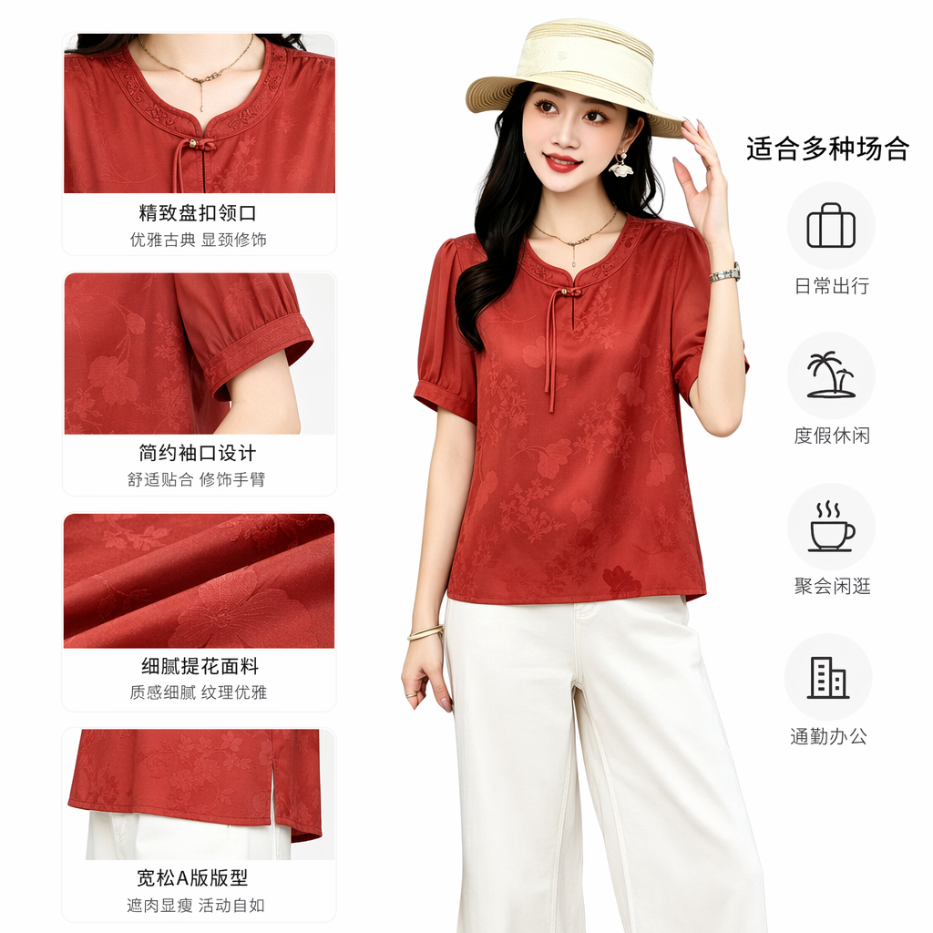 Red short-sleeved top for women's fashionable casual wear