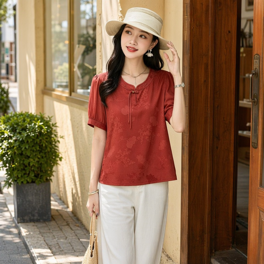Red short-sleeved top for women's fashionable casual wear details Picture