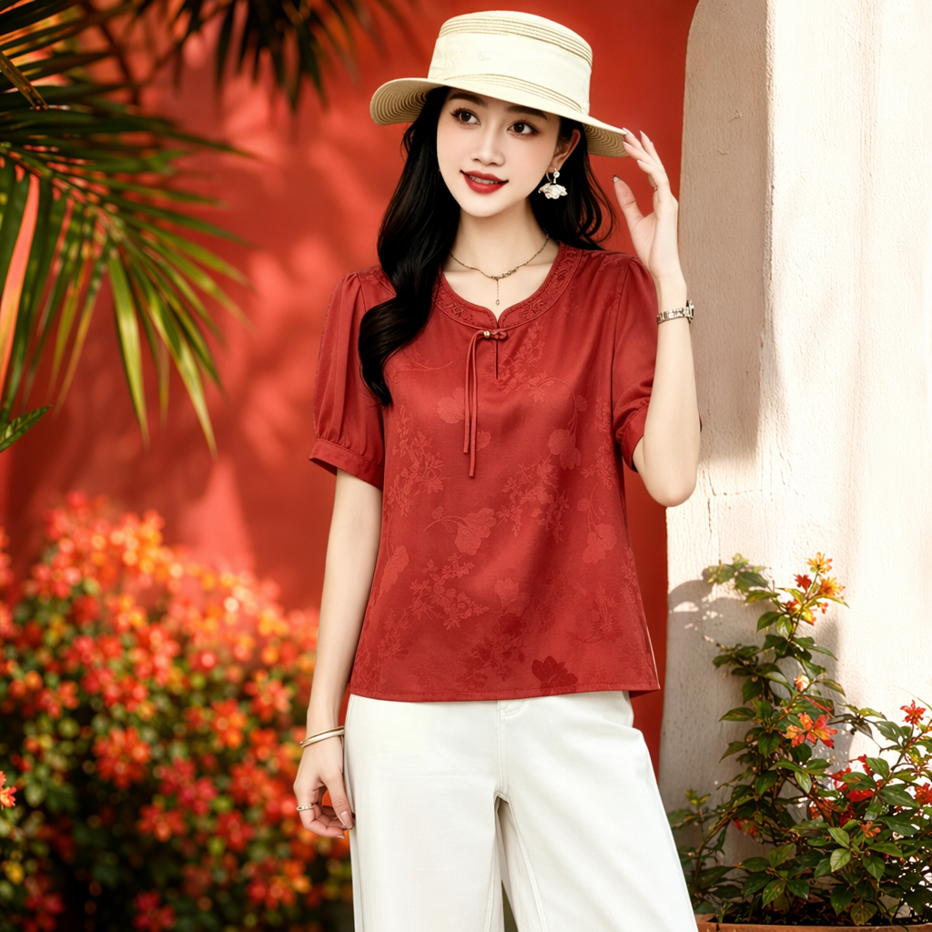 Red short-sleeved top for women's fashionable casual wear Specification image
