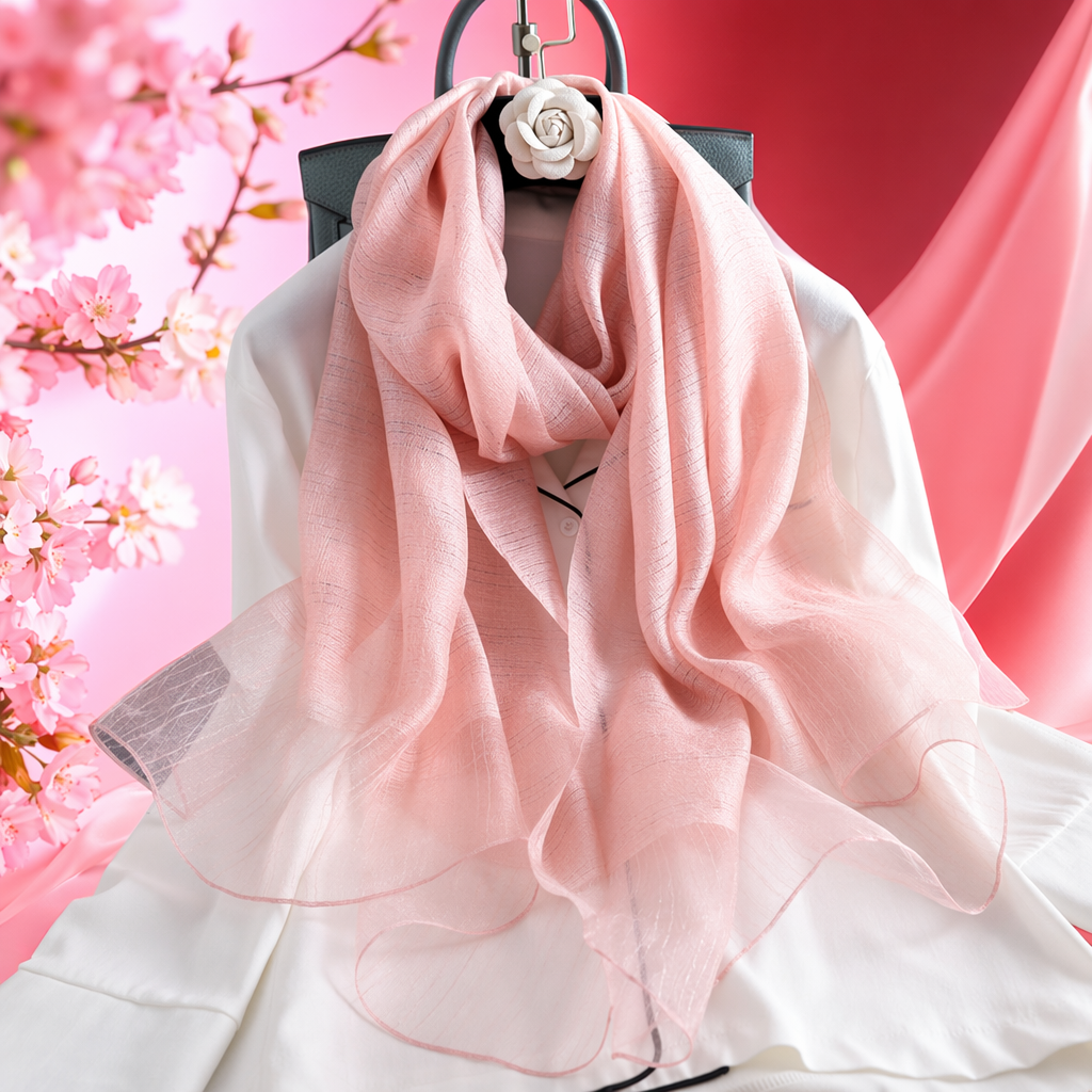 وشاح حرير وردي من الحرير الحقيقي Specification image