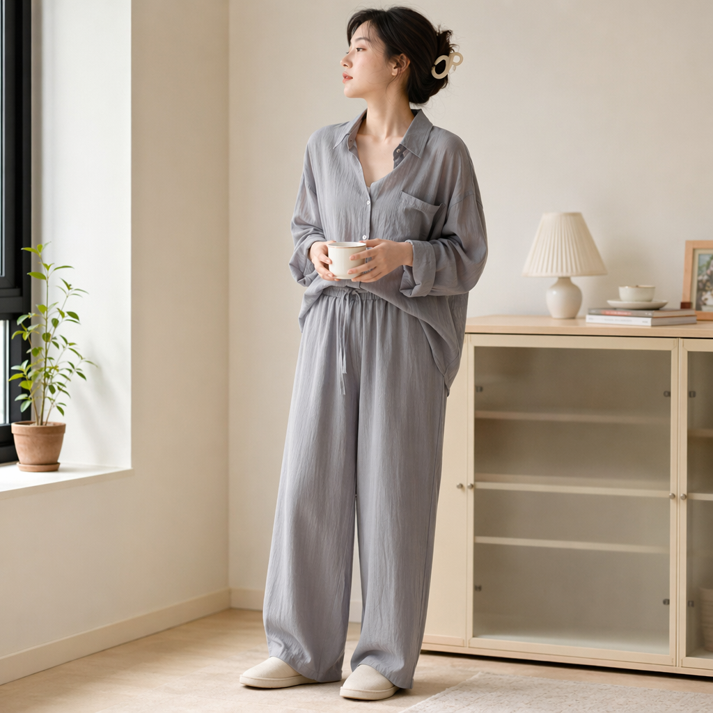 A grey shirt paired with wide-leg pants set is a fashionable two-in-one casual and commuting outfit for women details Picture