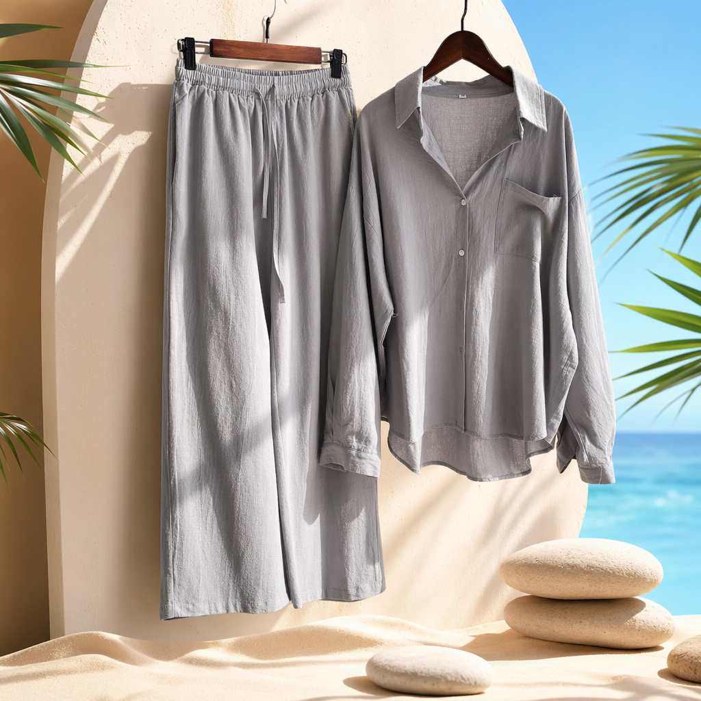 A grey shirt paired with wide-leg pants set is a fashionable two-in-one casual and commuting outfit for women Specification image
