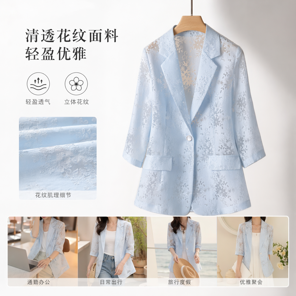 A light blue floral jacquard suit jacket for women, a slim-fit business casual jacket