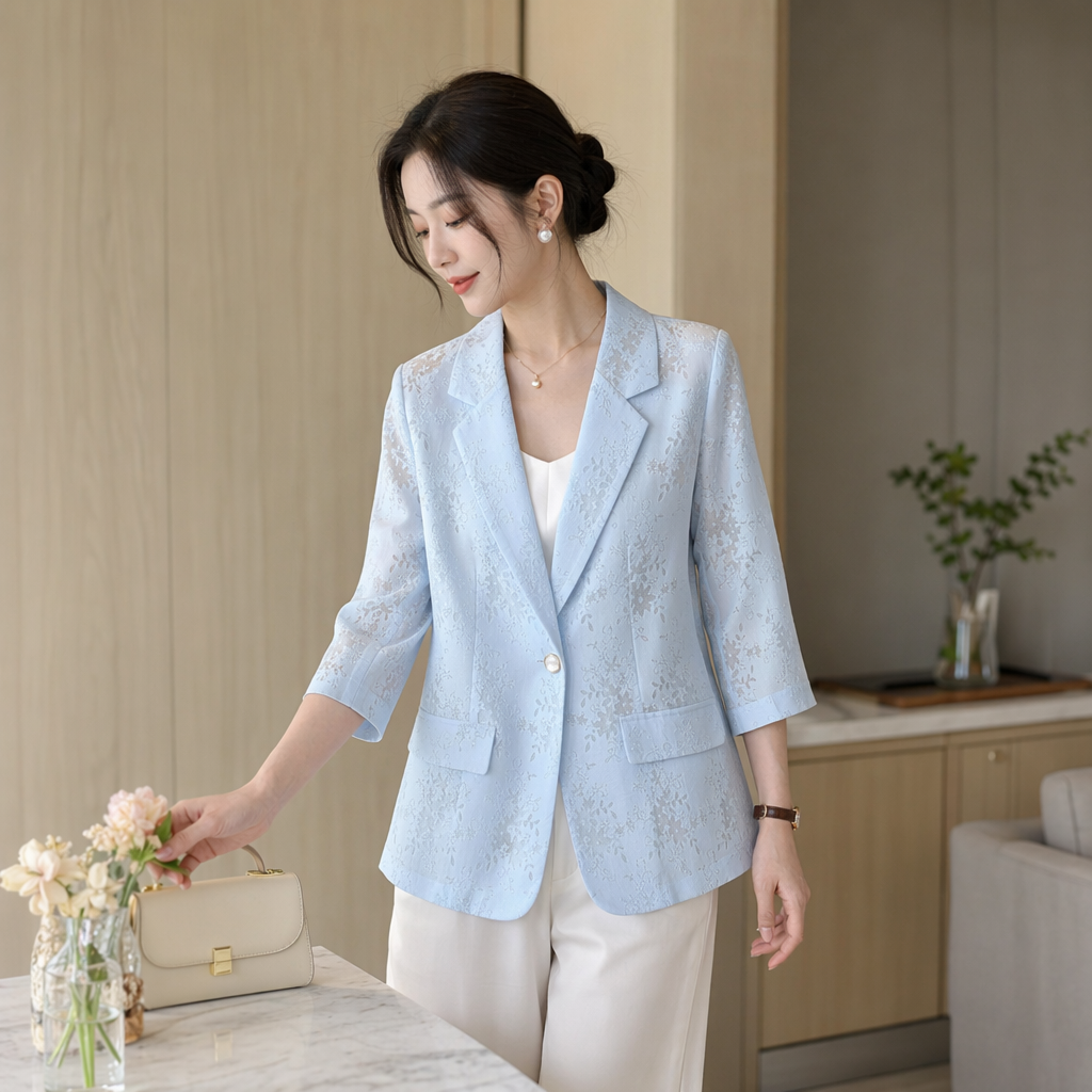 A light blue floral jacquard suit jacket for women, a slim-fit business casual jacket details Picture