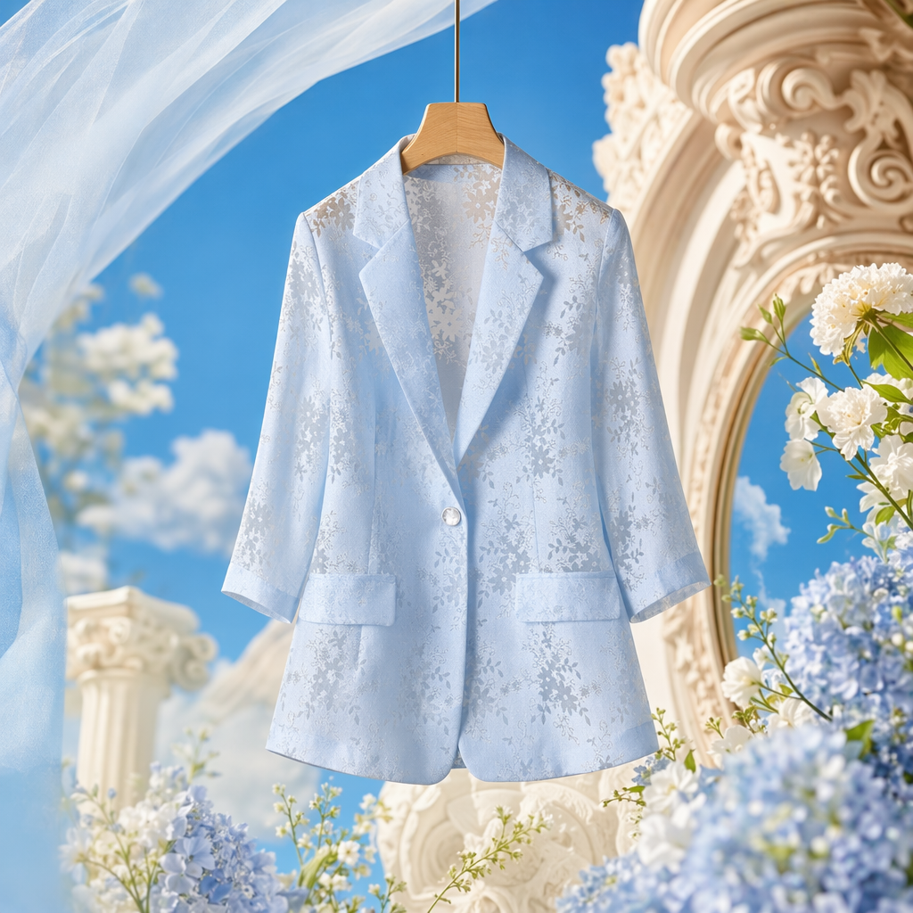 A light blue floral jacquard suit jacket for women, a slim-fit business casual jacket Specification image