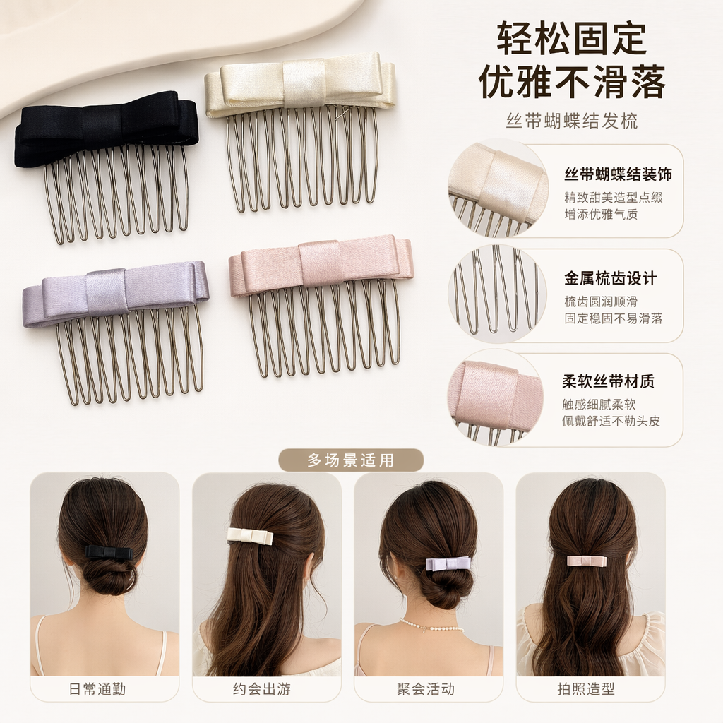 黑色米白色淡紫色粉色蝴蝶结发梳