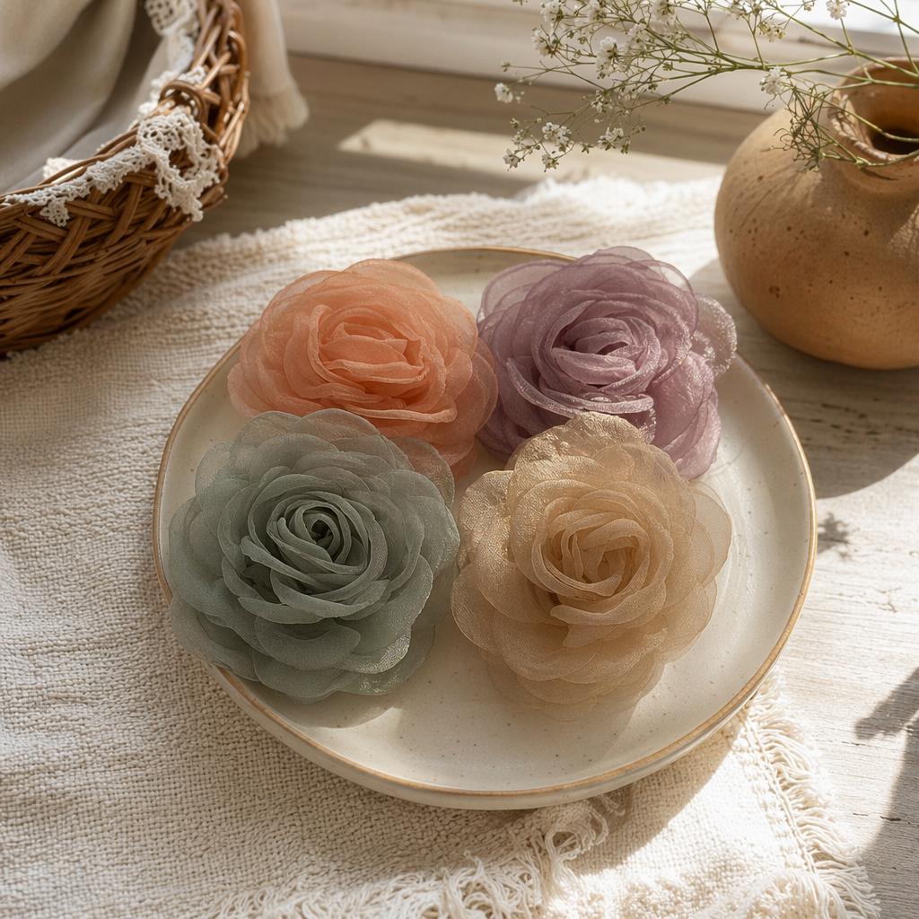 Four artificial decorative bouquets of gauze roses for home decoration details Picture