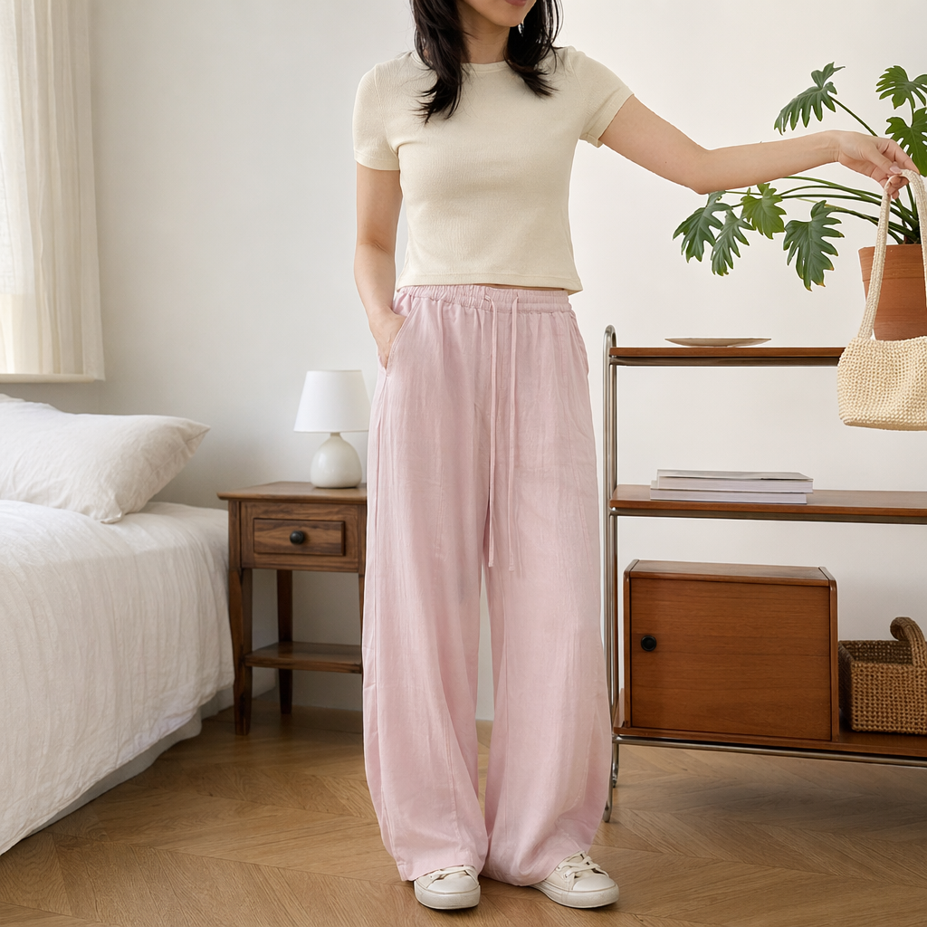 Pink Tencel 9-inch pants, high-waisted, slimming, breathable and casual trousers details Picture