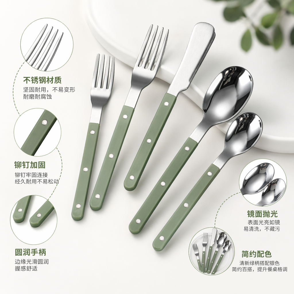 Green handle silver tableware set, home simple style stainless steel spoons and forks