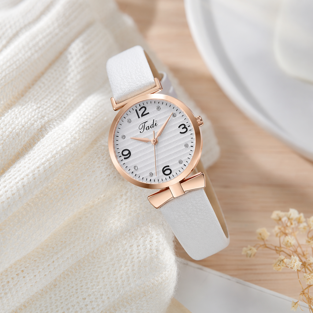 A fashionable ladies' wristwatch with a rose gold case and a white leather strap, a light luxury commuter model details Picture