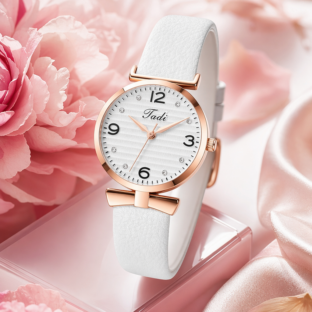 A fashionable ladies' wristwatch with a rose gold case and a white leather strap, a light luxury commuter model Specification image