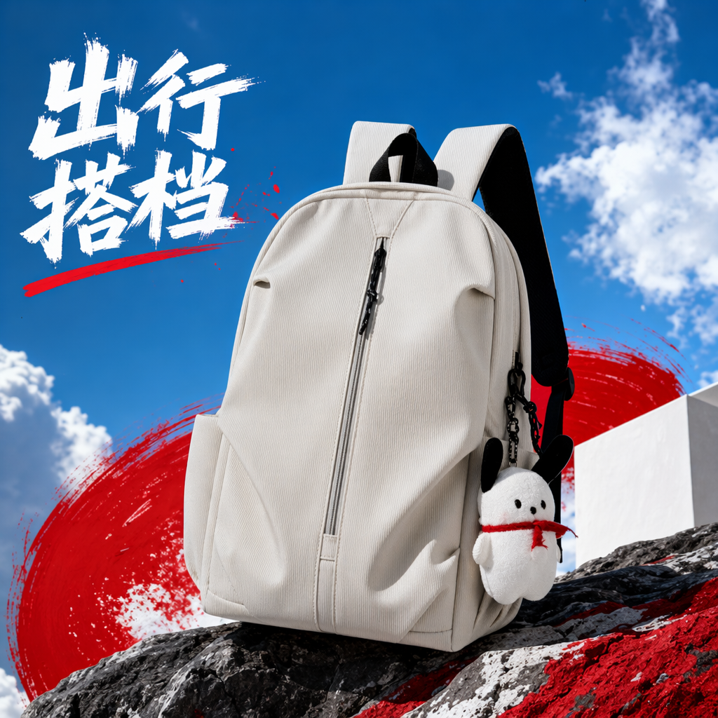 This white, simple and fashionable casual backpack features adjustable shoulder straps, is lightweight and has a large capacity Specification image
