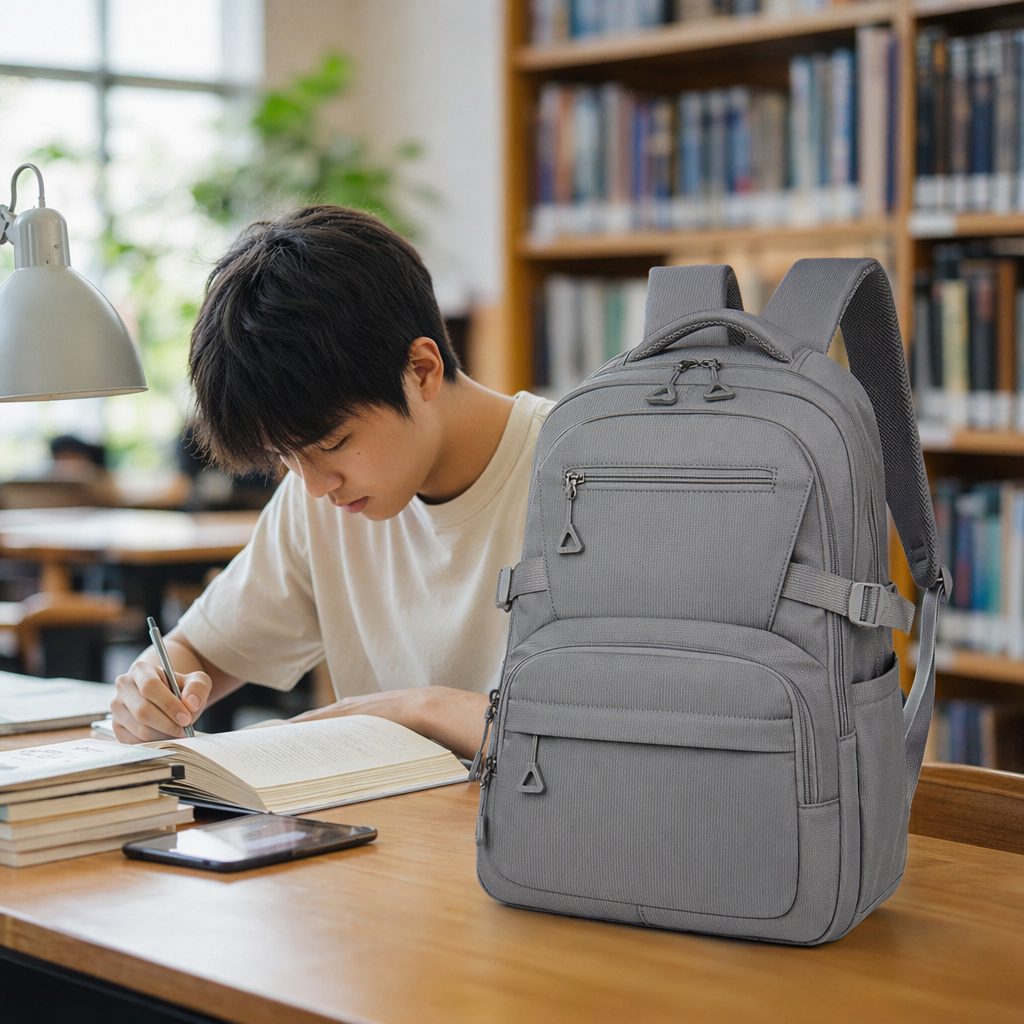 The grey backpack is a lightweight and large-capacity student commuting travel backpack details Picture