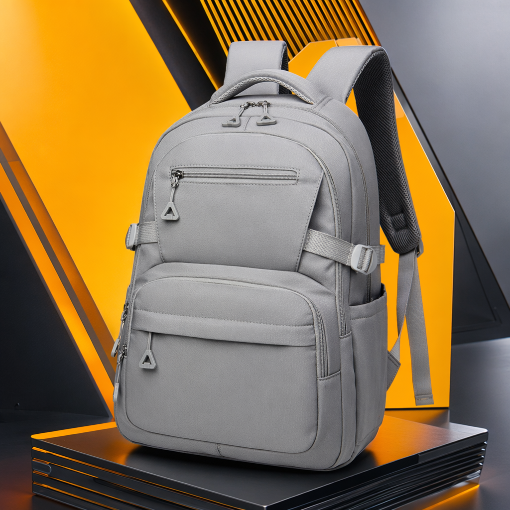 The grey backpack is a lightweight and large-capacity student commuting travel backpack Specification image