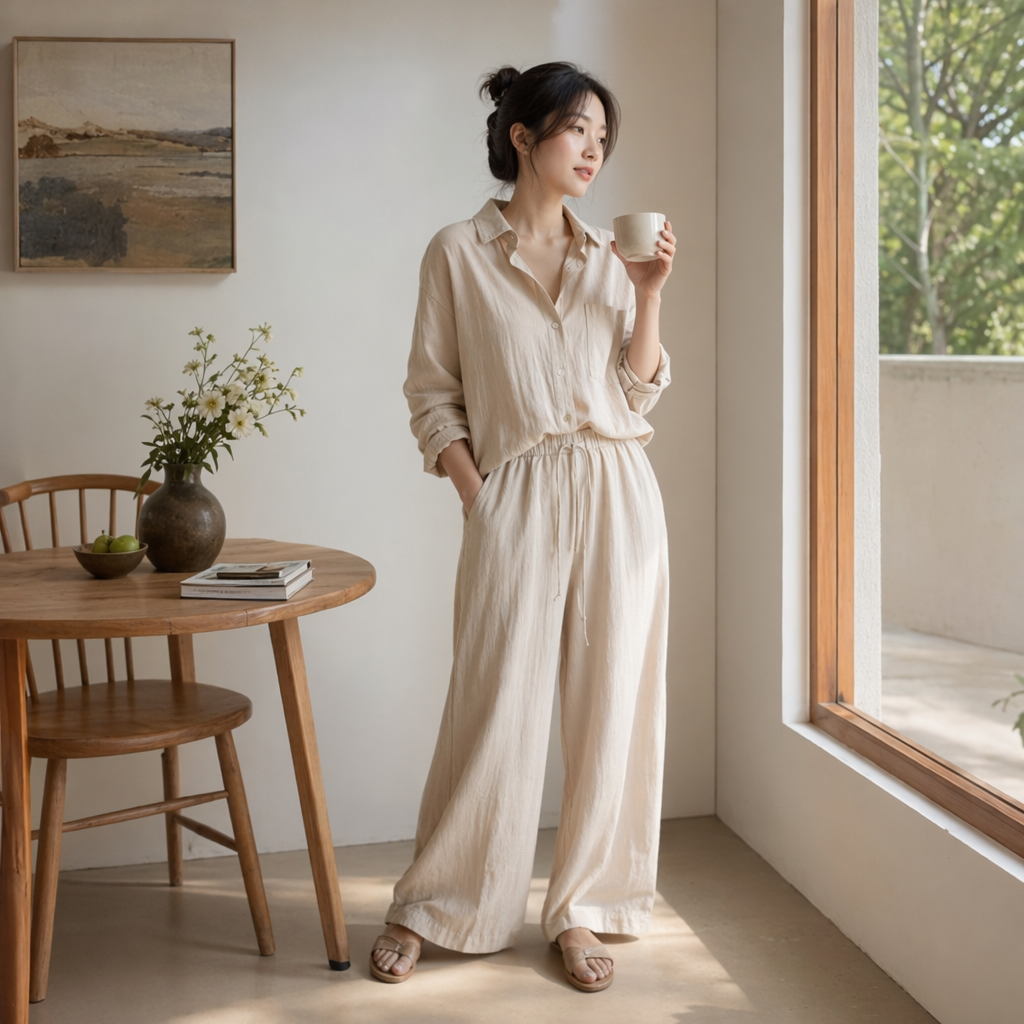 A beige pure cotton shirt paired with flowing beige wide-leg pants for women's summer wear details Picture