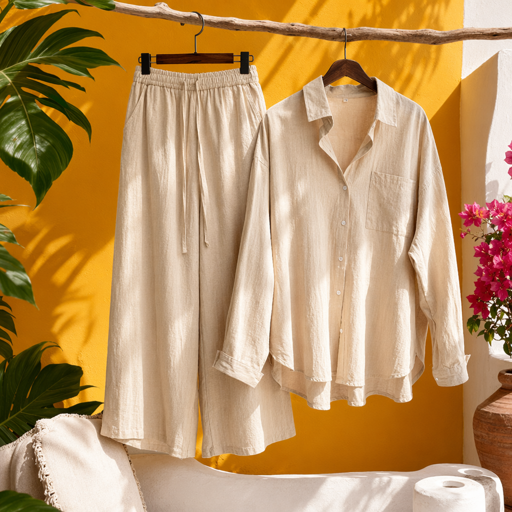 A beige pure cotton shirt paired with flowing beige wide-leg pants for women's summer wear Specification image