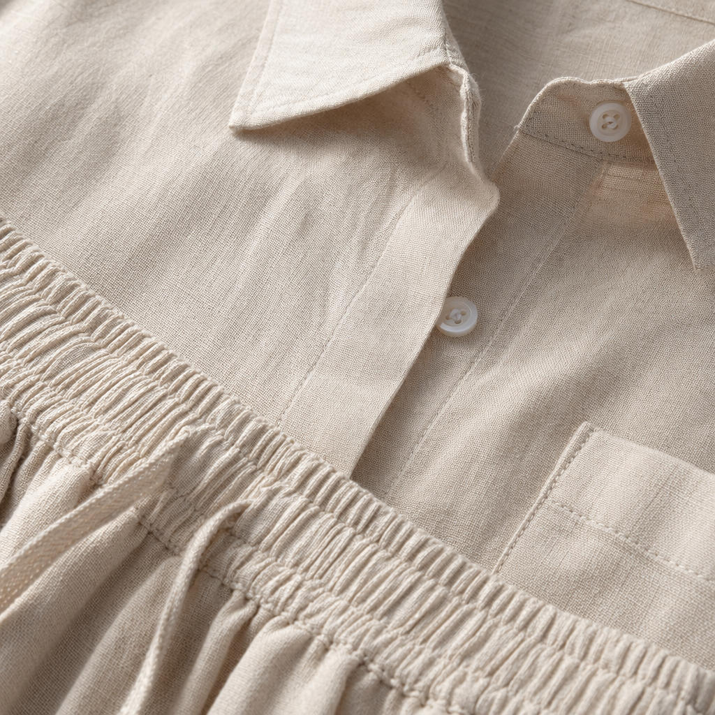 A beige pure cotton shirt paired with flowing beige wide-leg pants for women's summer wear Application Scenario