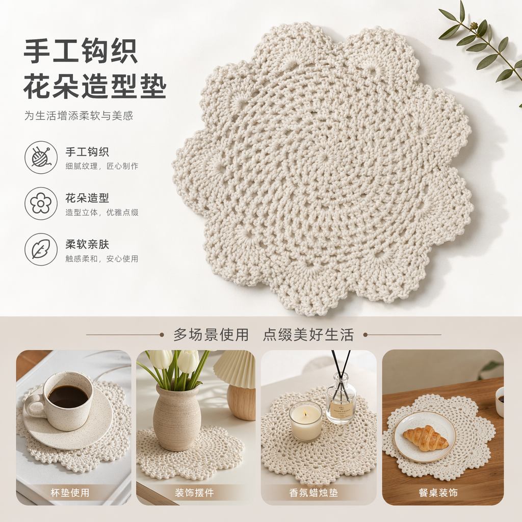 White crocheted flower-shaped cushions for home decoration, round table MATS, flowerpot MATS, teacup MATS, indispensable cushions on antique shelves, hand-woven