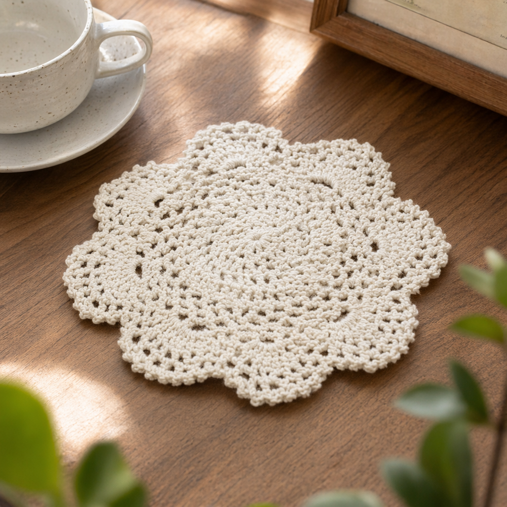 White crocheted flower-shaped cushions for home decoration, round table MATS, flowerpot MATS, teacup MATS, indispensable cushions on antique shelves, hand-woven details Picture