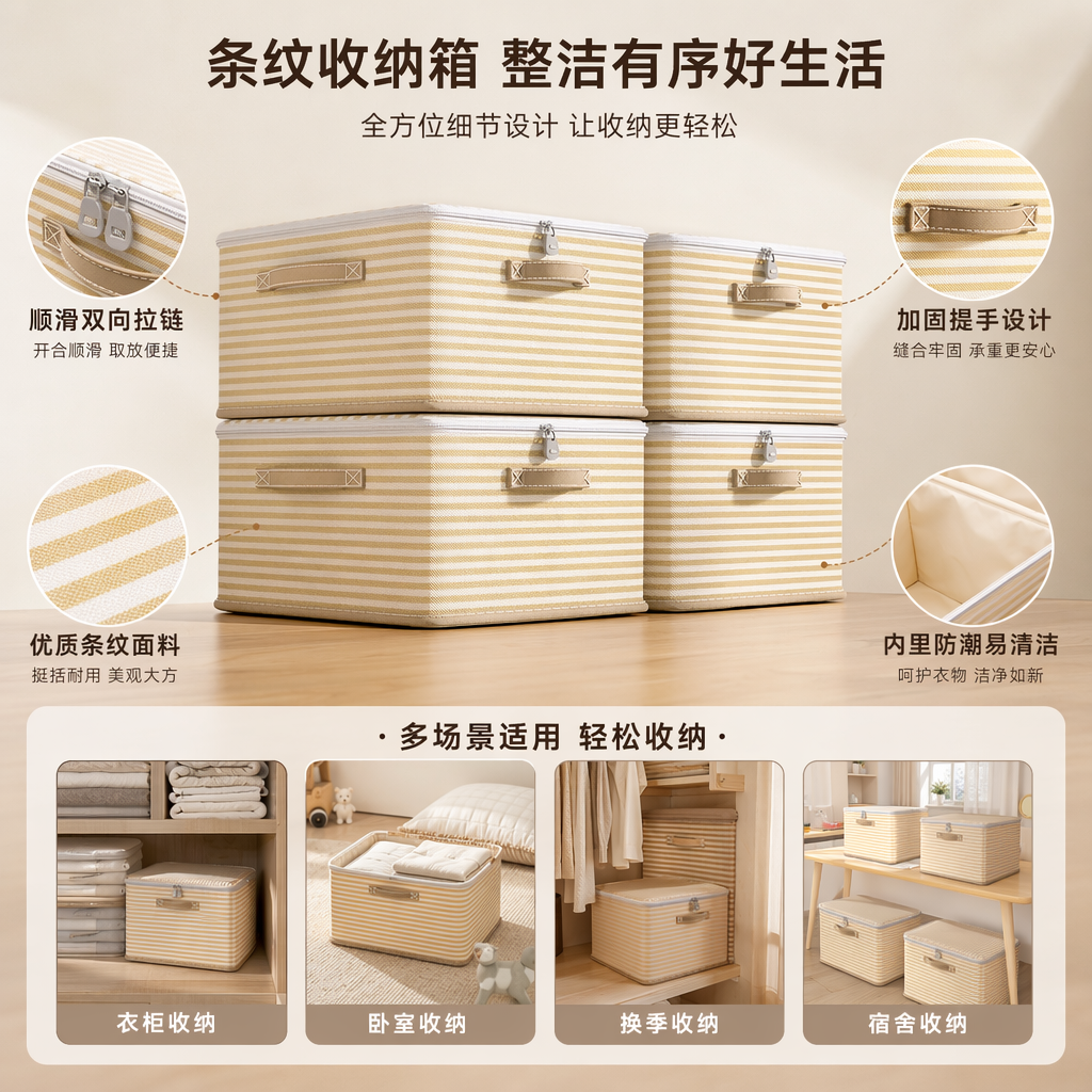 Yellow and white striped plastic storage box, household organizing box, large-capacity storage box