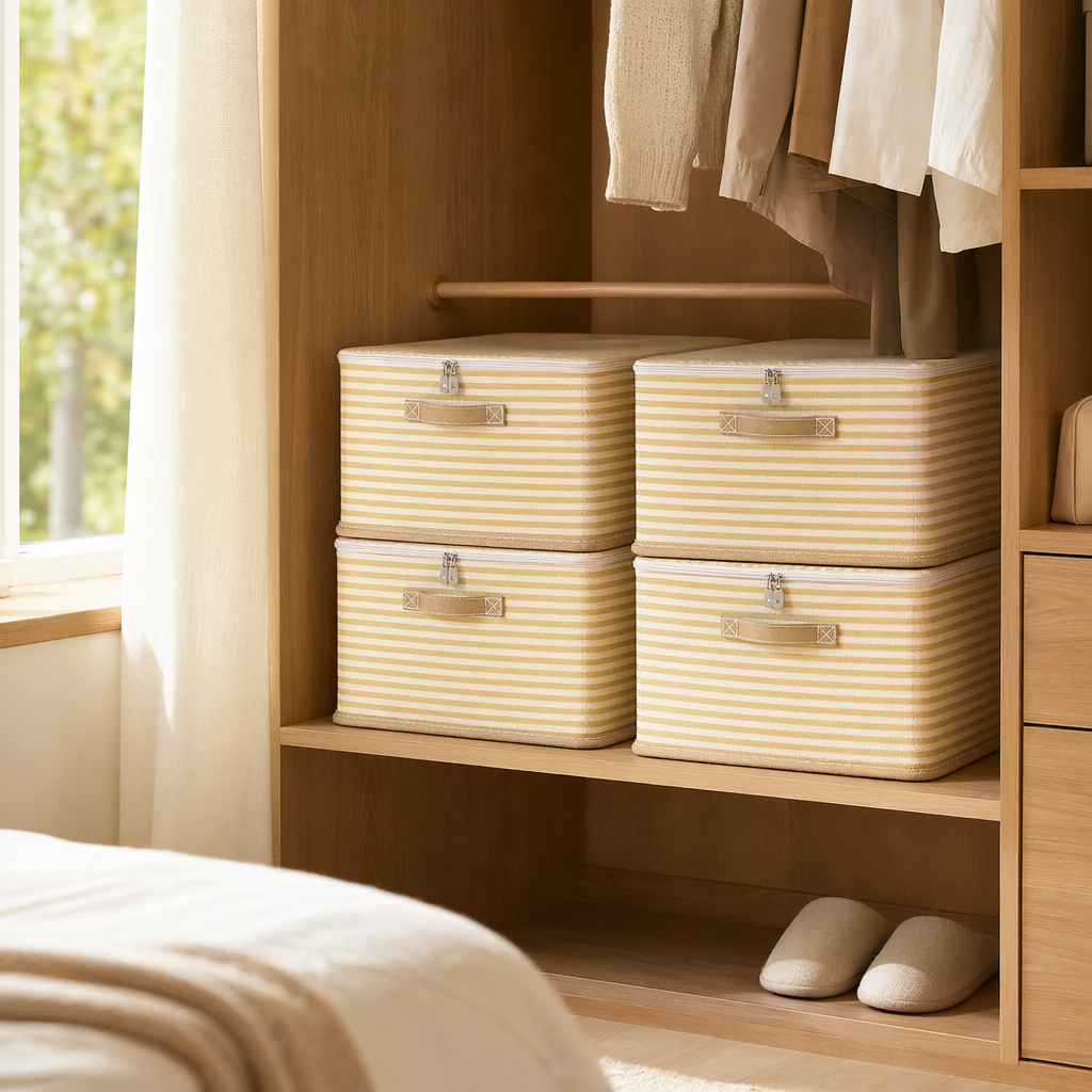 Yellow and white striped plastic storage box, household organizing box, large-capacity storage box details Picture