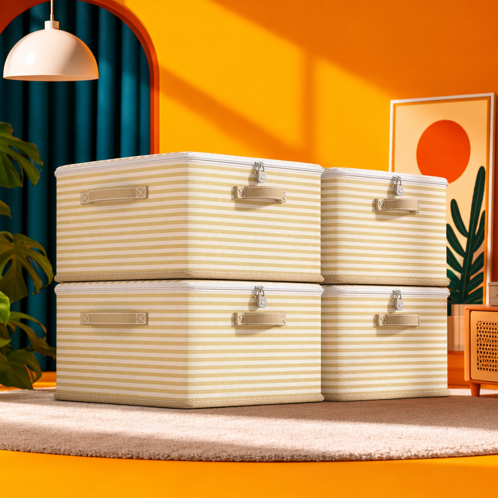 Yellow and white striped plastic storage box, household organizing box, large-capacity storage box Specification image