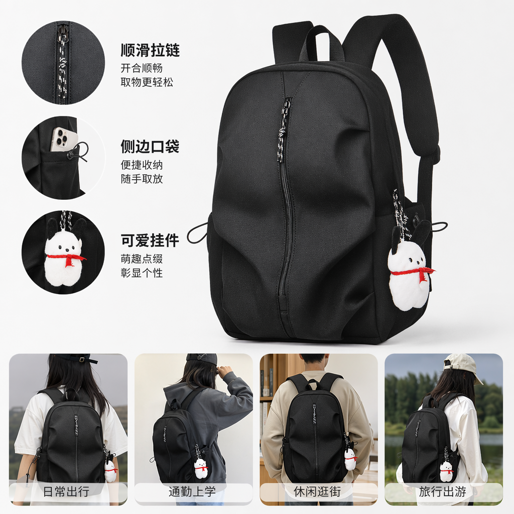 Black simple business casual backpack, suitable for both men and women, lightweight and large-capacity for commuting and travel